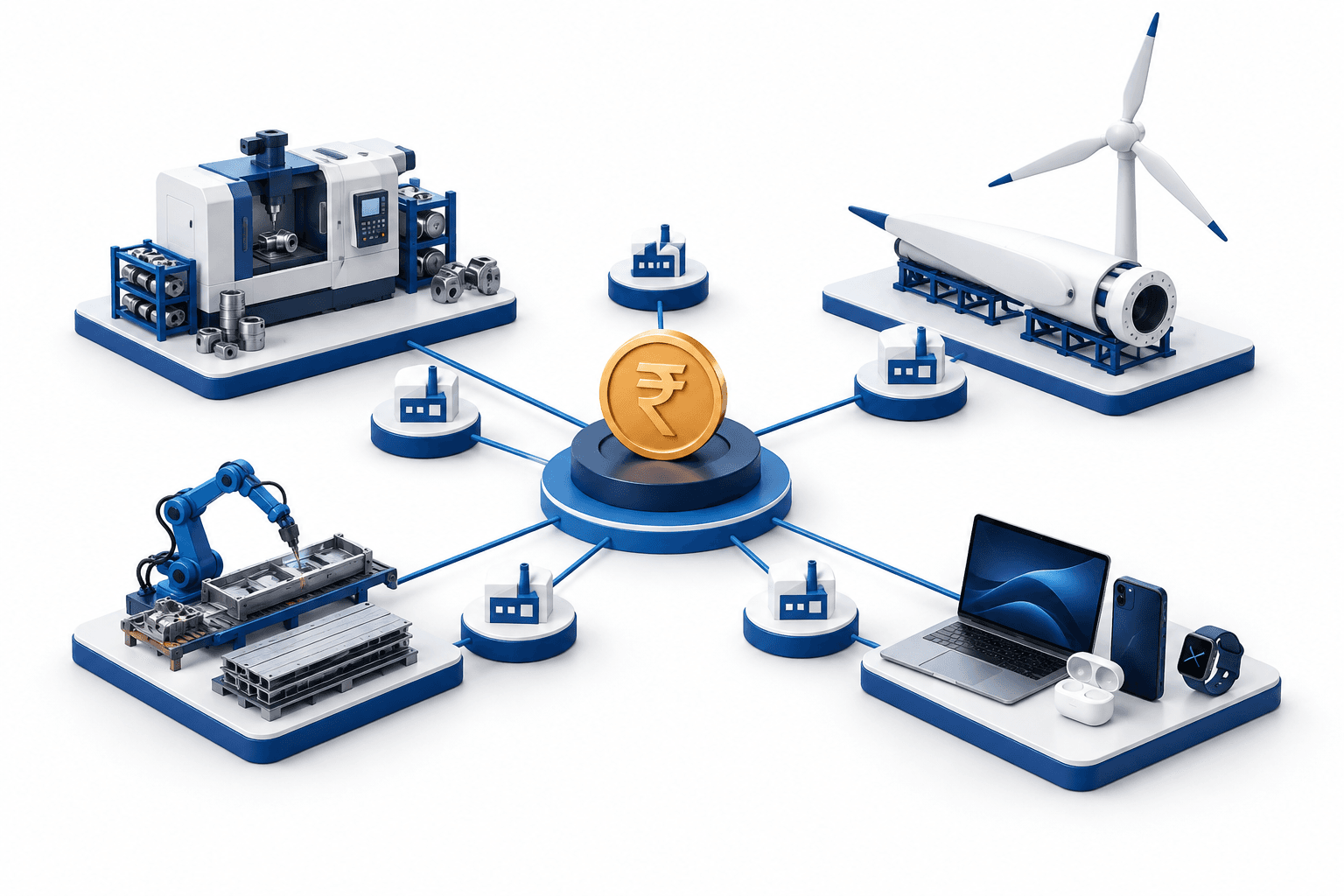 Concept illustration of Zetwerk shares and a manufacturing network spanning industrial equipment, energy components and electronics.