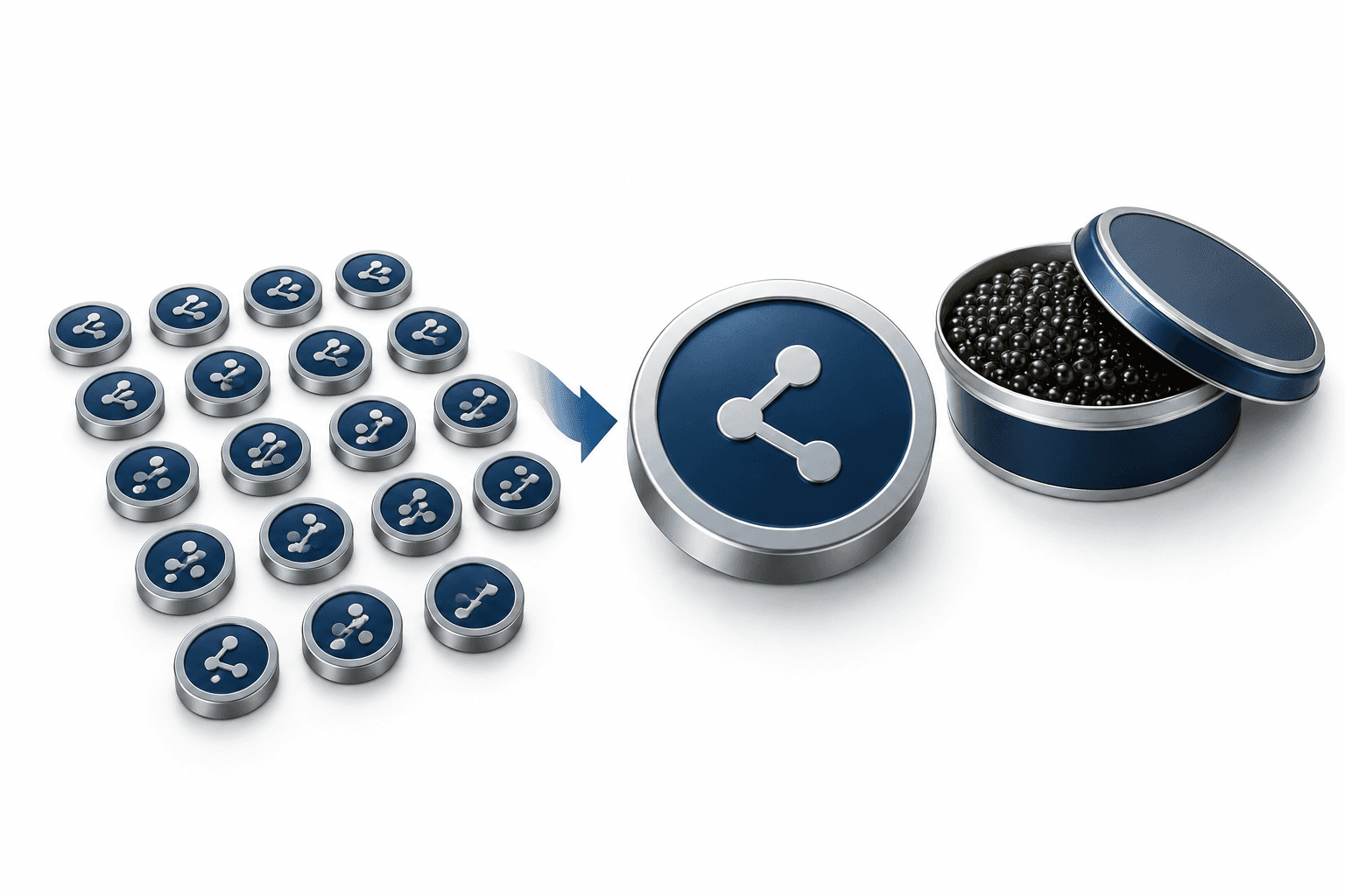 Concept illustration of the TWG share consolidation, with small share tokens combining into one beside a caviar tin.