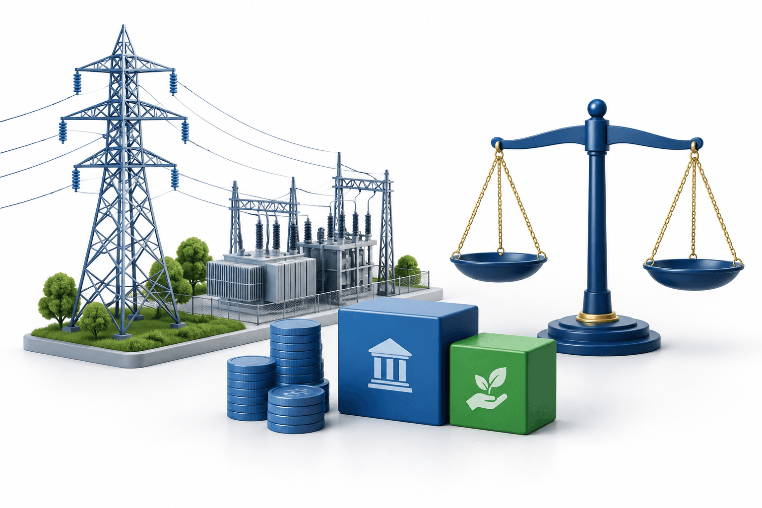 Concept illustration of APTransco restructuring with electricity transmission infrastructure and balanced financing blocks.