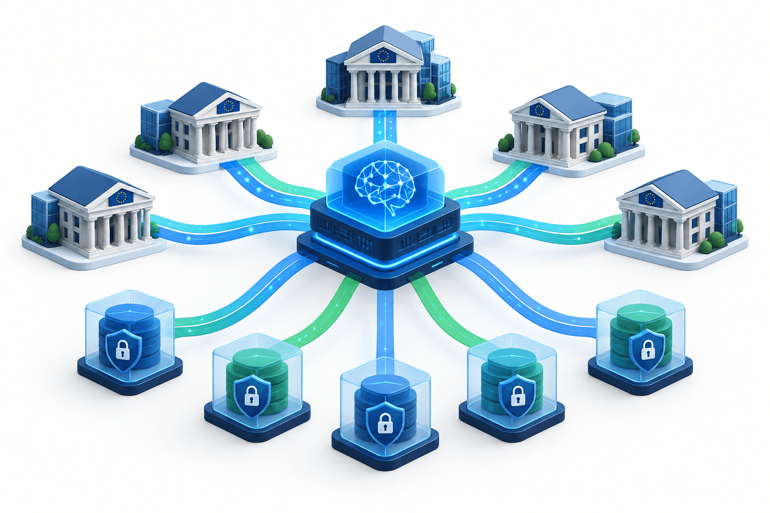 Conceptual illustration of European financial AI linking protected bank data with accelerated computing.
