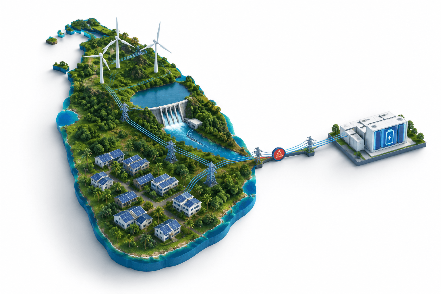 Renewable energy illustration showing Sri Lanka with solar panels, wind turbines, hydropower and a constrained electricity grid.