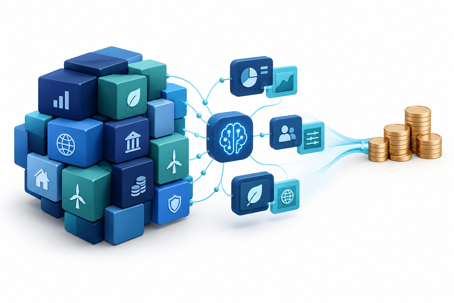 Asset management growth illustrated by expanding portfolio blocks, revenue coins and connected AI modules.