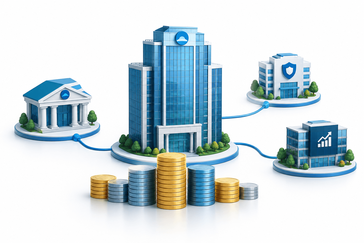Woori earnings concept illustration showing a financial holding company connected to banking, insurance and securities businesses.