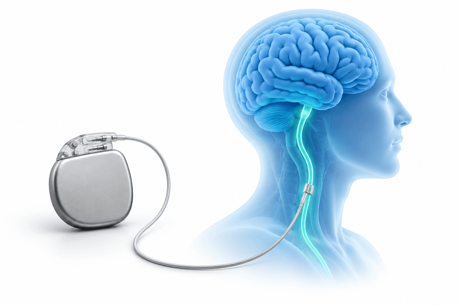 LivaNova epilepsy study concept illustration showing a neurostimulation device and a brain connected by a highlighted nerve pathway.