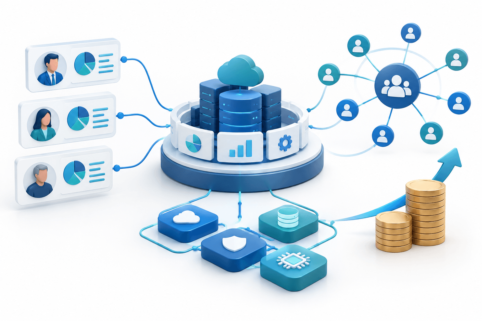 Concept illustration of SEI earnings growth through connected financial-services platforms and client portfolios.