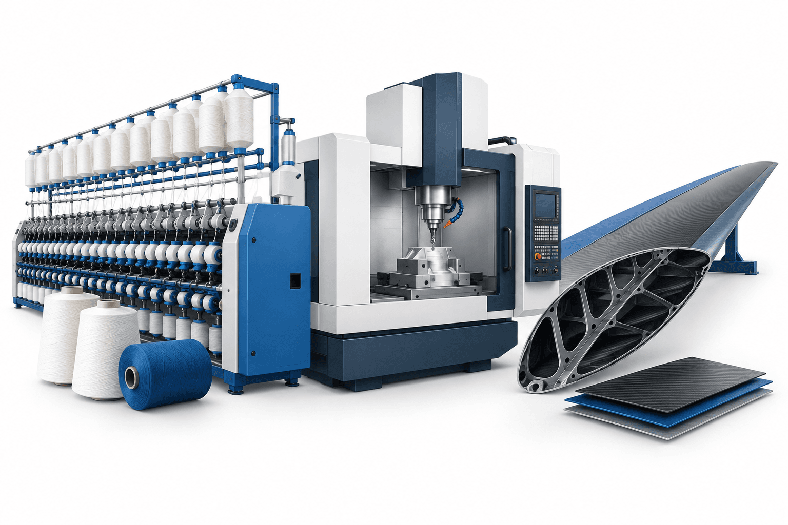 LMW earnings illustration featuring textile machinery, a precision machine tool and an aerospace composite structure.