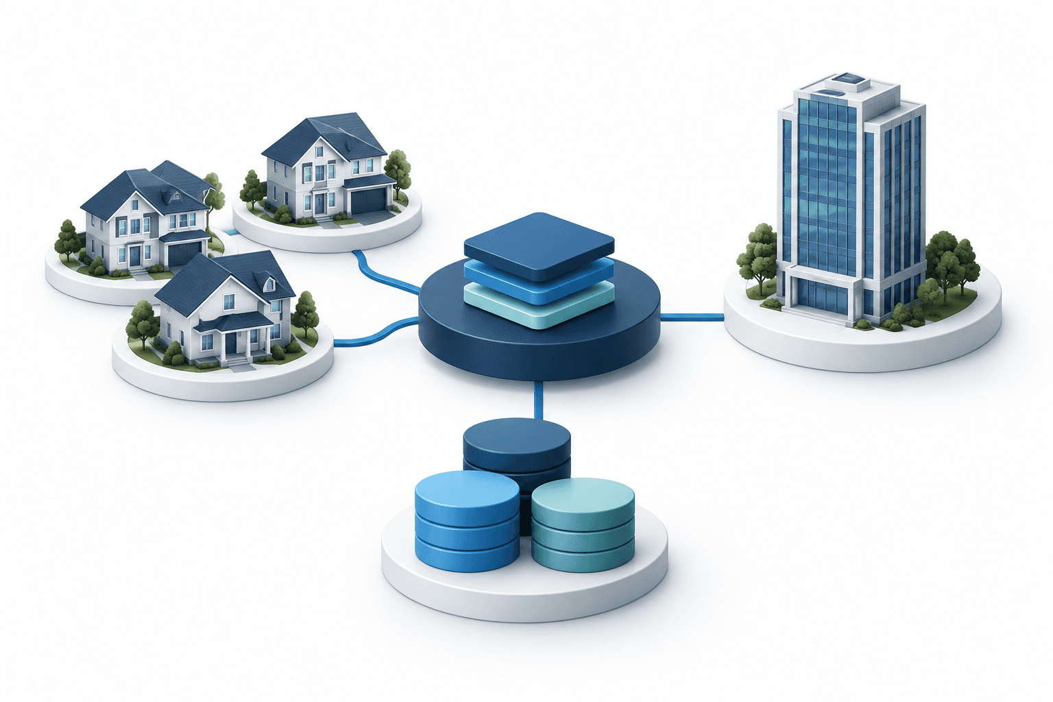 Rithm earnings illustration showing homes, an office tower and pooled investment capital.