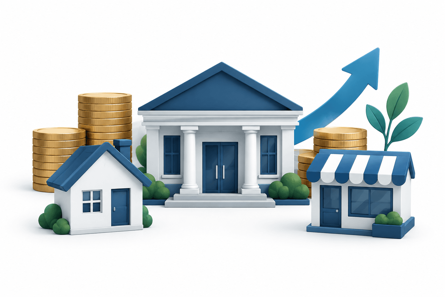 Horizon earnings illustration showing a community bank with coins and home and business lending symbols.