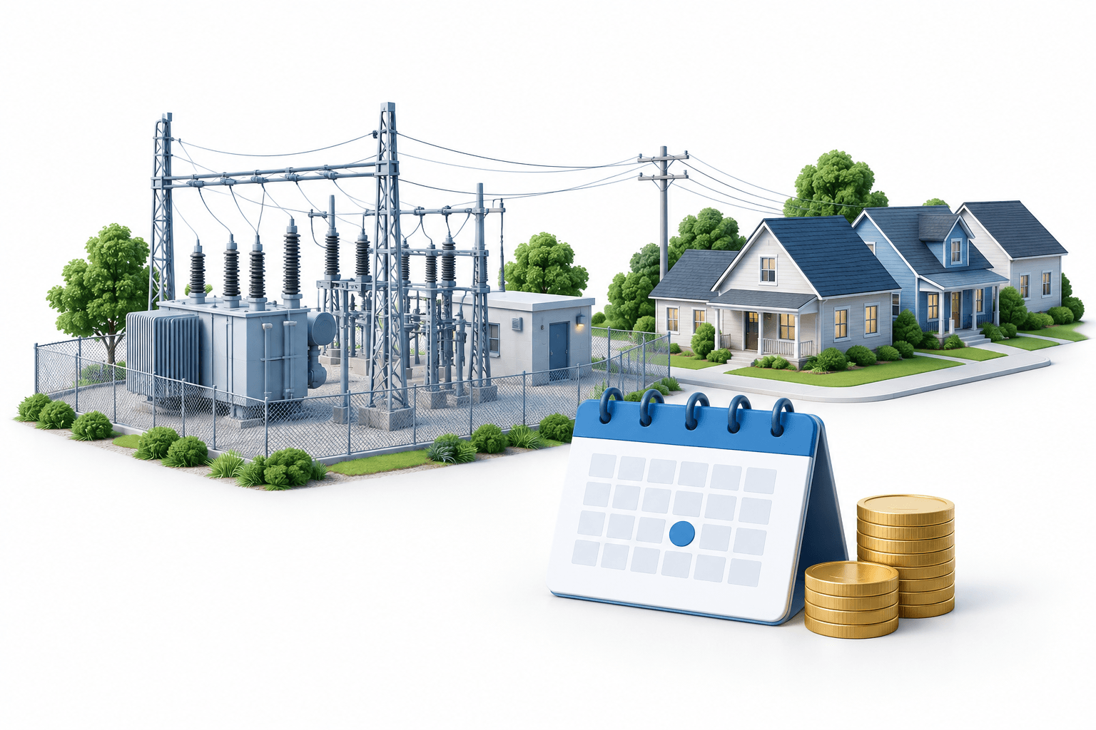 Concept illustration of an electric utility, homes and a payment calendar representing the POR dividend.