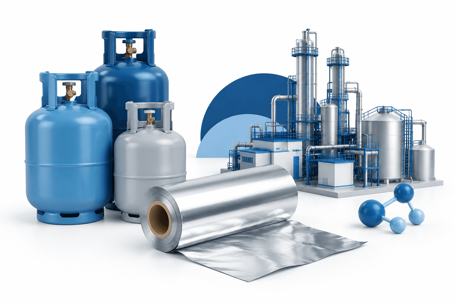 SRF earnings illustration featuring refrigerant cylinders, an aluminum foil roll and a chemical plant model.