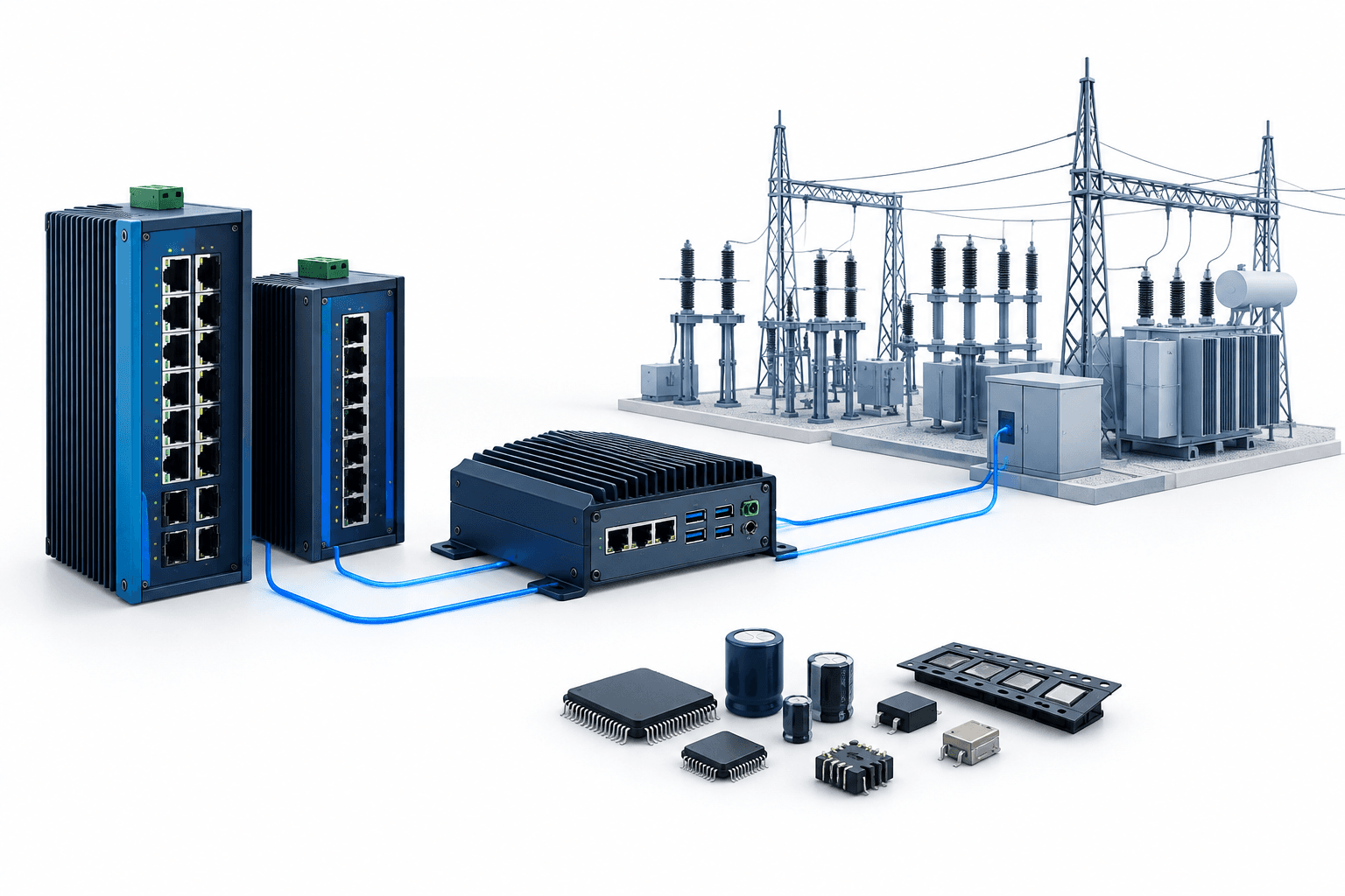 Ependion earnings illustration featuring industrial networking equipment, edge computing and an electrical substation.