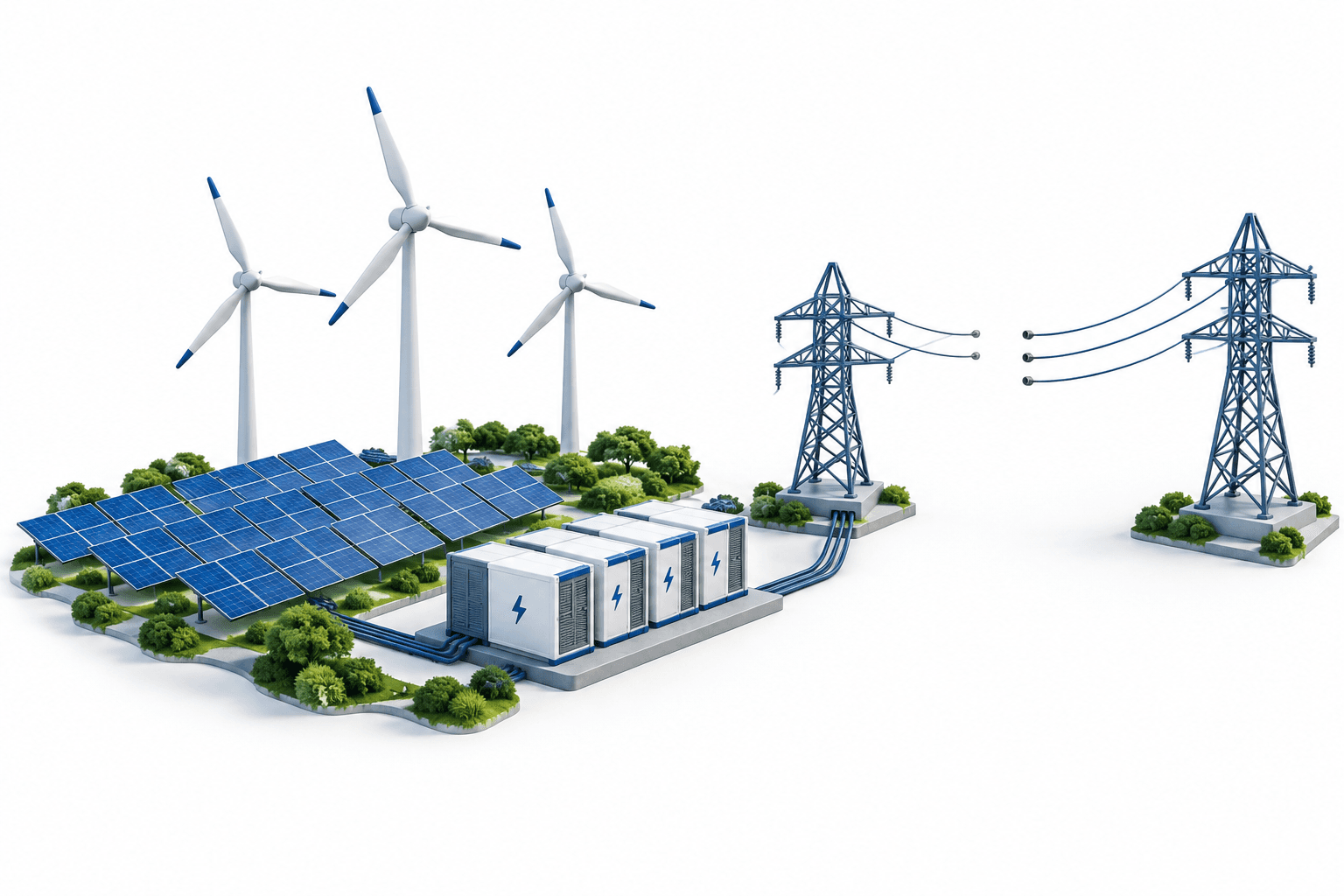 Adani Green earnings concept illustration showing renewable generation, battery storage and an unfinished grid connection.