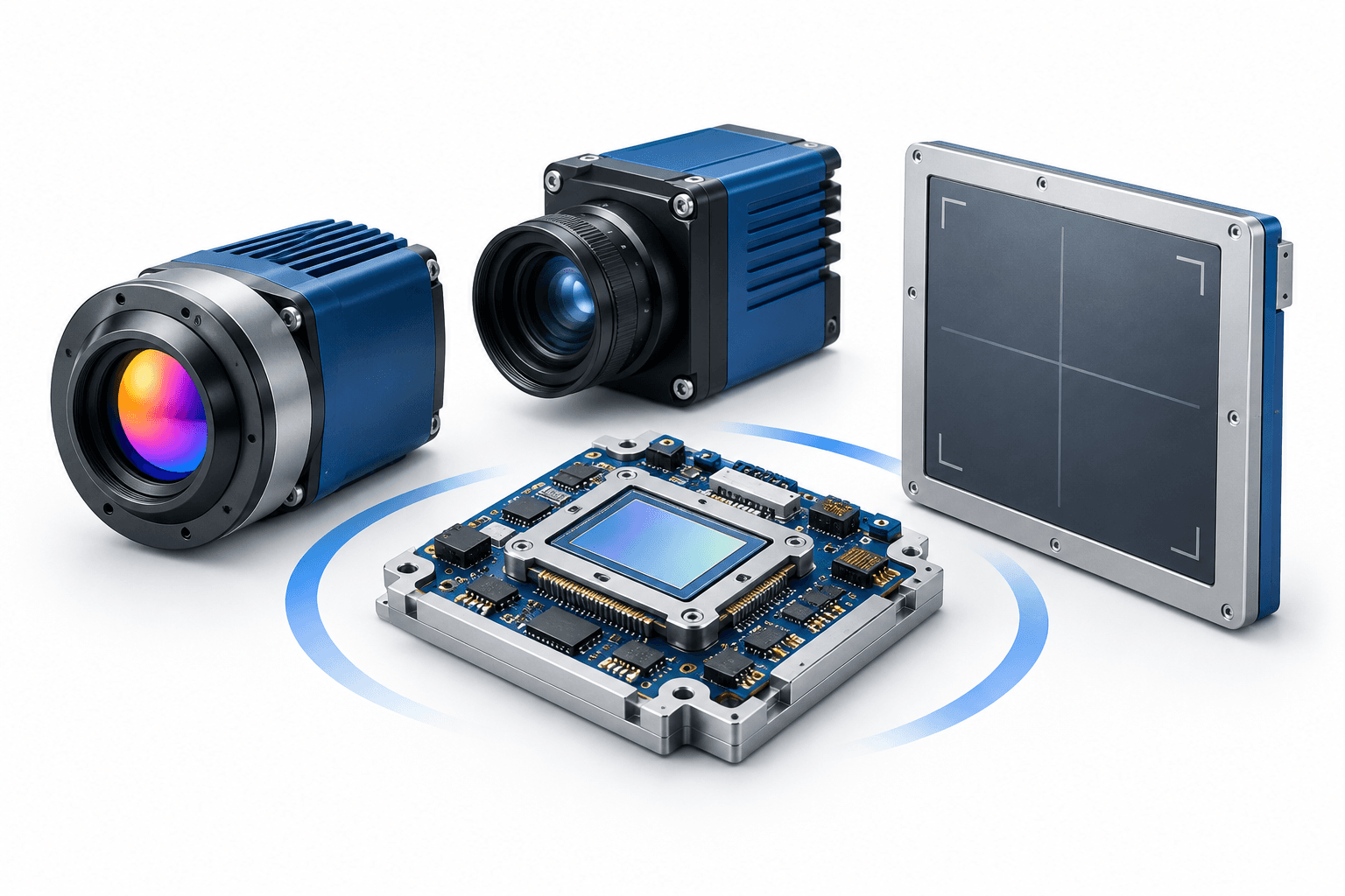 Teledyne earnings illustration featuring imaging sensors, an industrial camera and precision electronics on a white background.