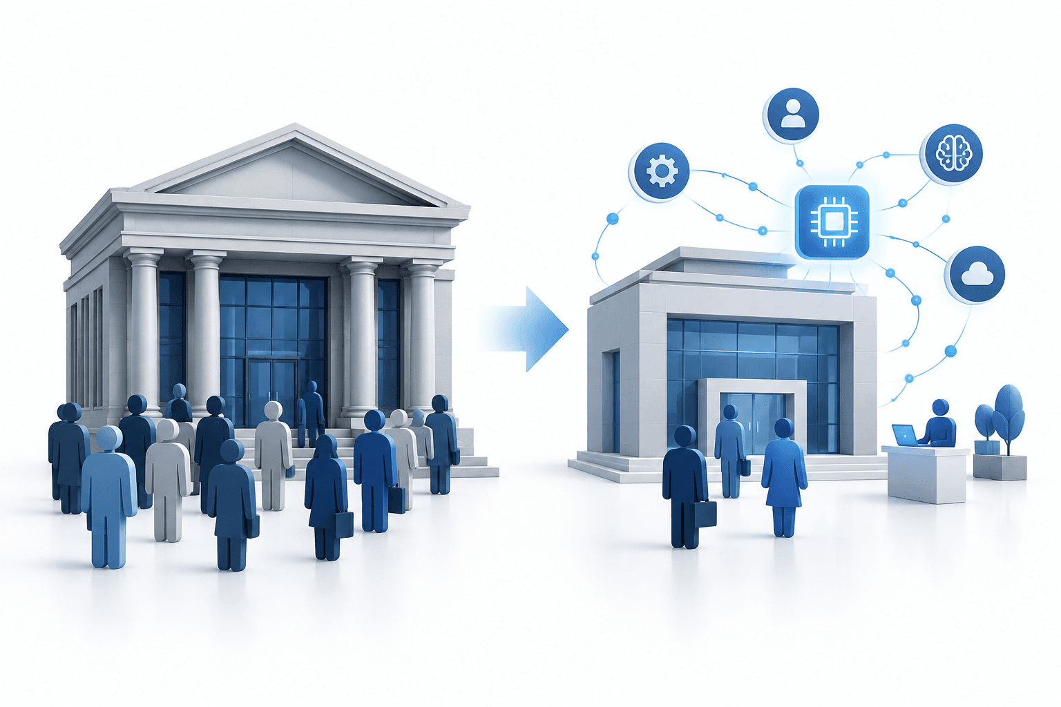 Conceptual illustration of Barclays job cuts and organizational simplification alongside AI-enabled efficiency.