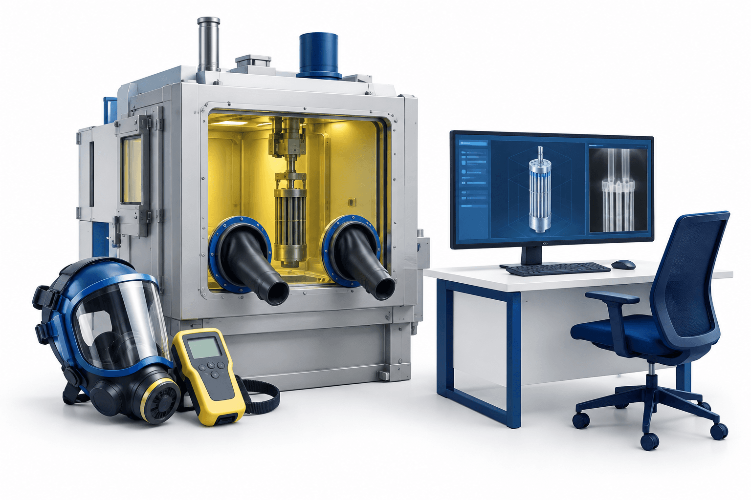Studsvik earnings concept illustration showing nuclear fuel handling equipment, protective equipment and a software workstation.