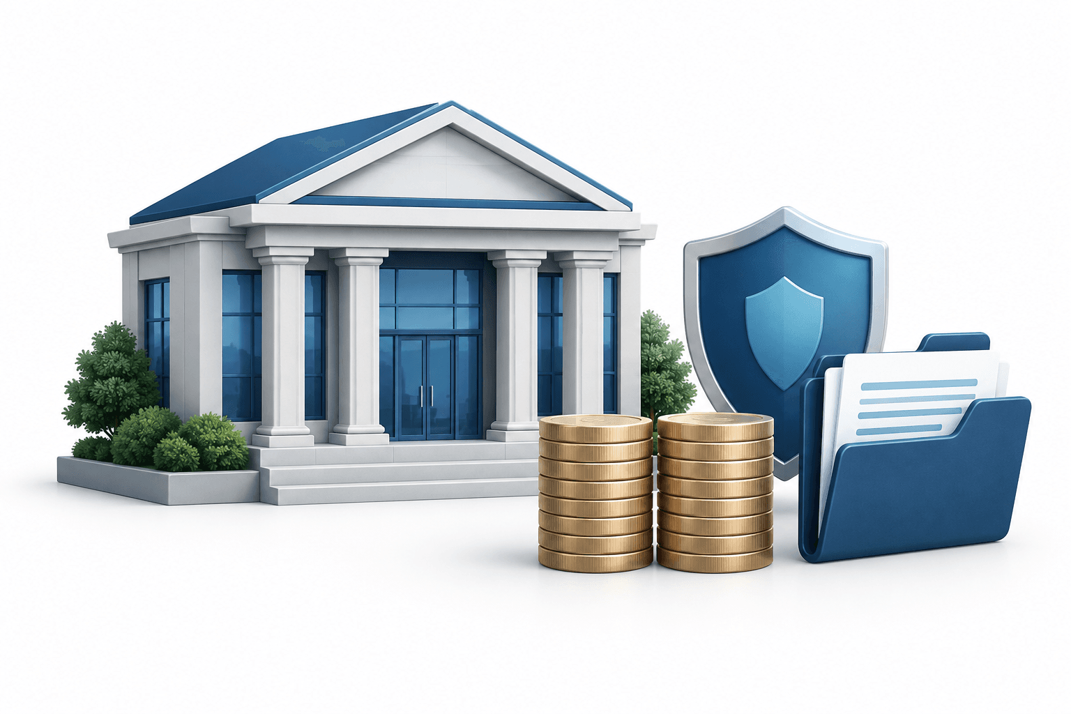 Concept illustration for First Merchants earnings showing a regional bank, funding coins and a shield representing credit reserves.