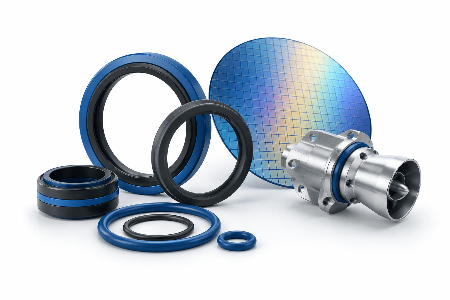 Trelleborg earnings illustration featuring precision seals, a semiconductor wafer and an aerospace component.