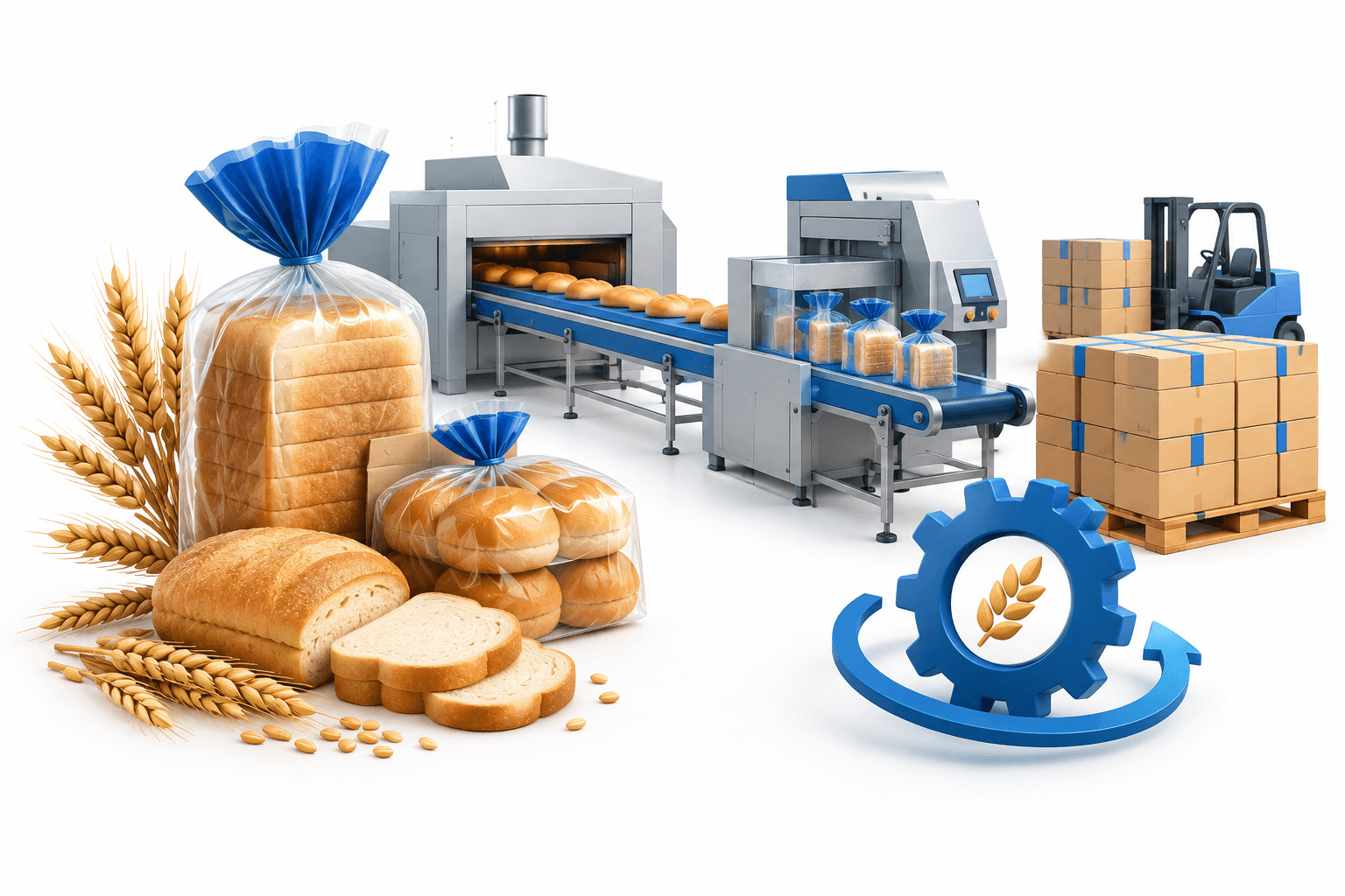 Grupo Bimbo earnings concept illustration featuring bread, wheat and a bakery production line.