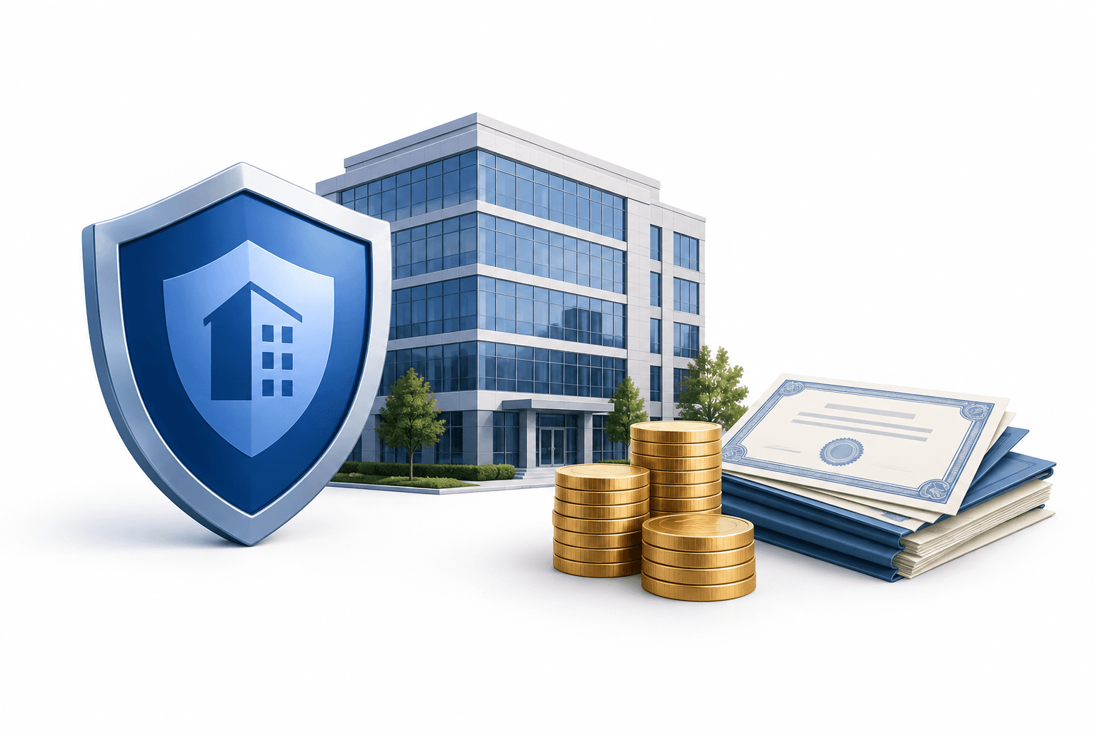 Kinsale earnings illustration with an insurance shield, commercial building and investment assets.