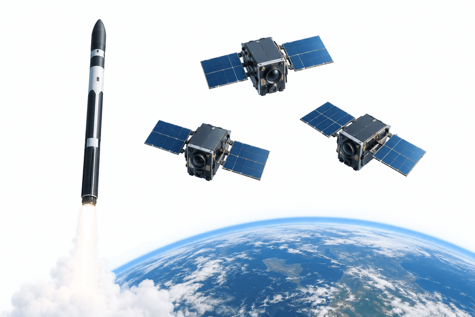 Rocket Lab launch concept illustration showing a small orbital rocket and three satellites above Earth.