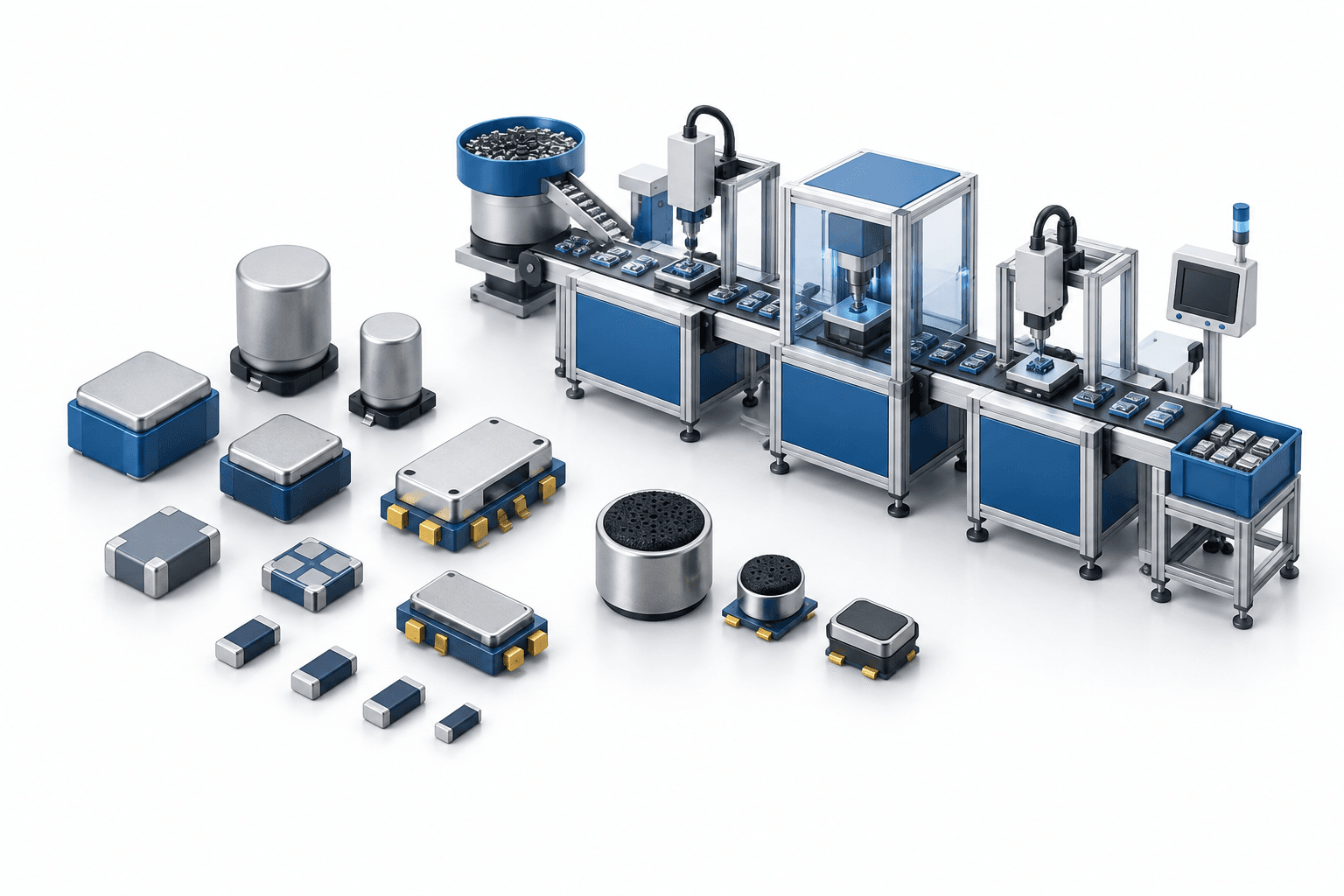 Concept illustration of specialty electronic components and automated production representing Knowles earnings.