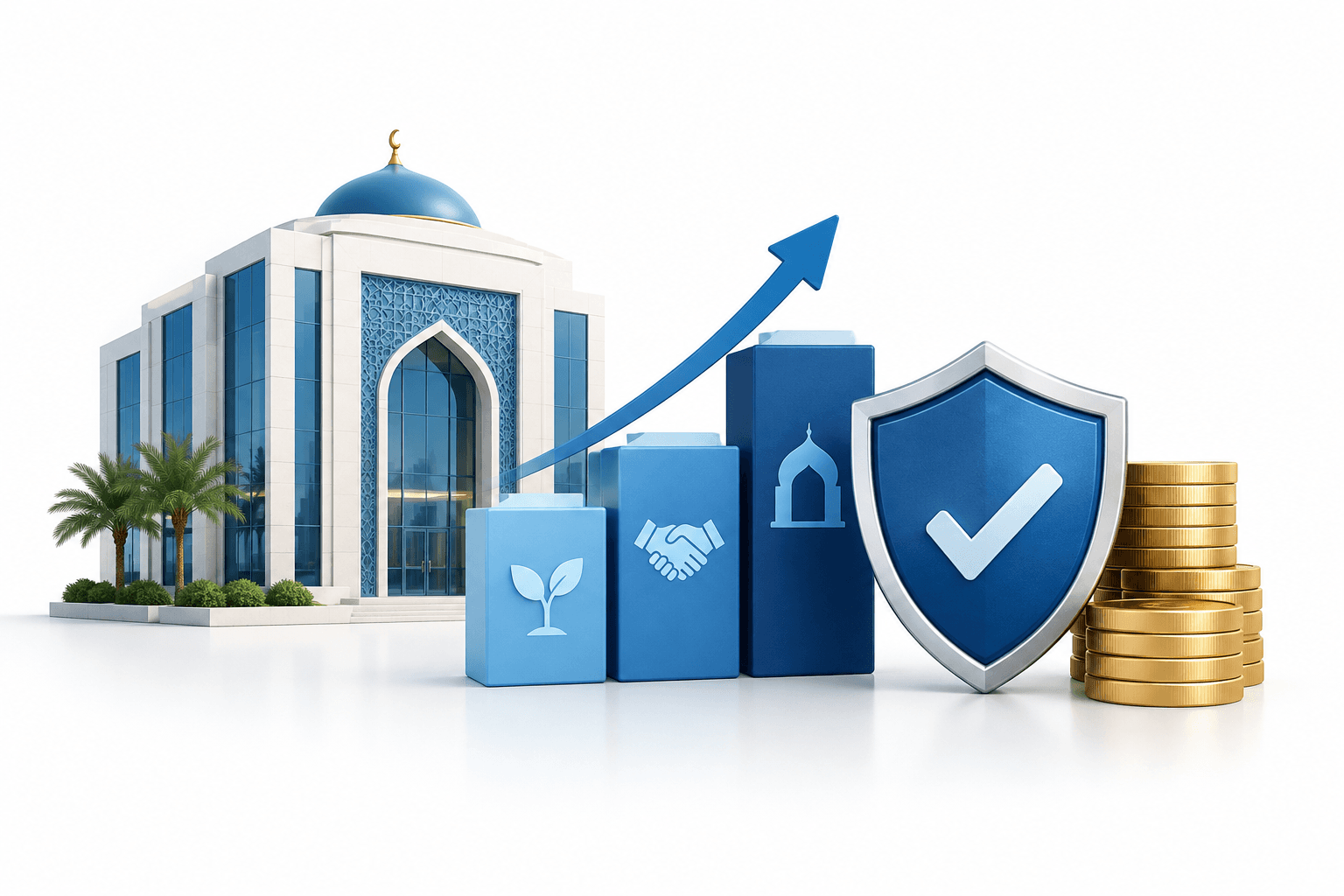 DIB earnings illustration showing a bank, financing blocks and a shield representing improving asset quality.