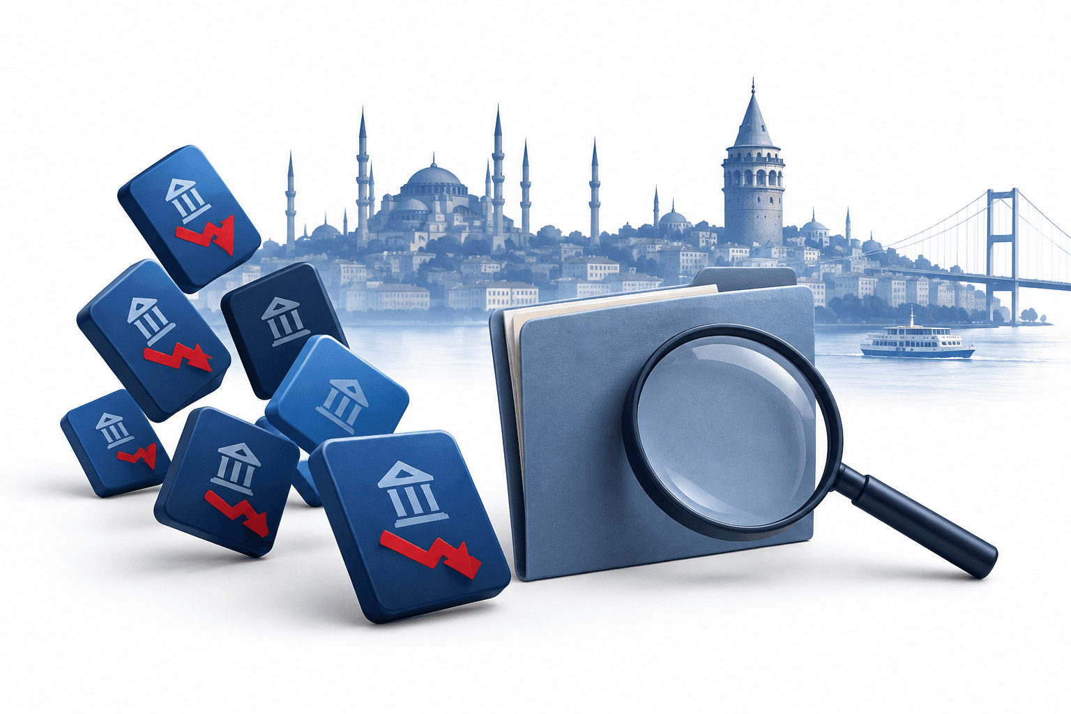 Concept illustration of the BIST 100 sell-off and scrutiny of investment funds in Turkey.