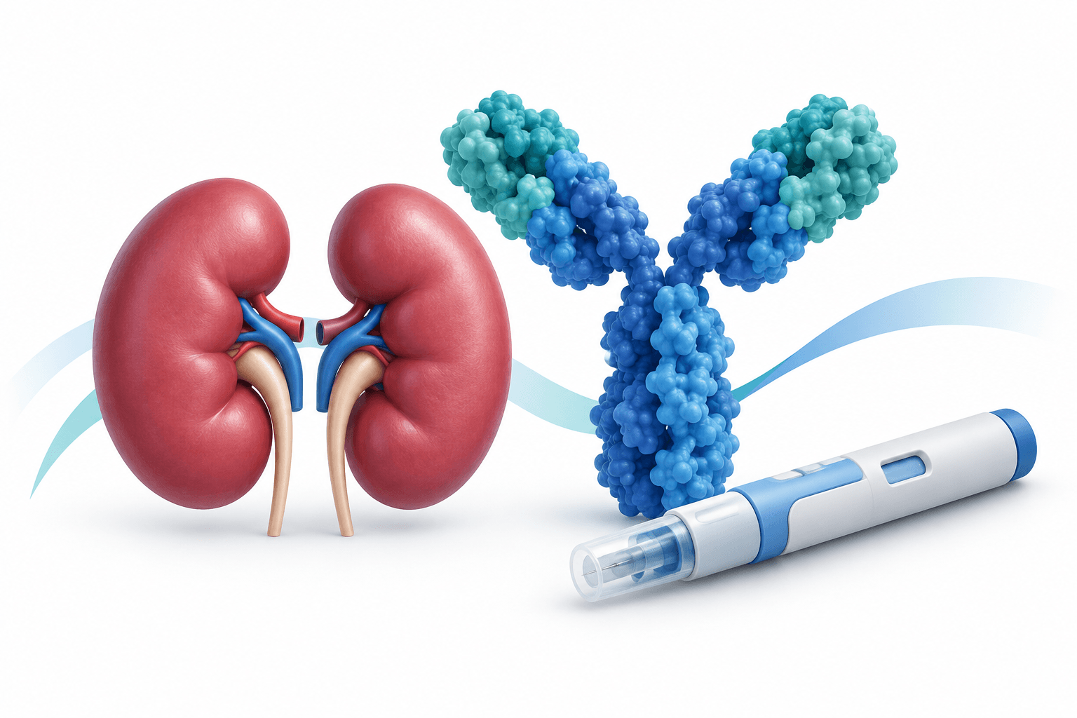 Concept illustration of kidneys and an antibody representing CLYM116 trial data.