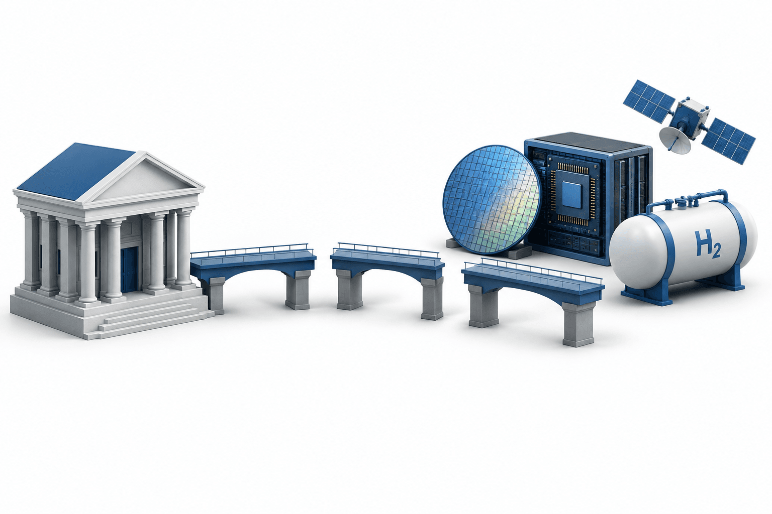 Emerging sector lending illustrated by a bank separated from technology and energy projects by incomplete financing bridges.