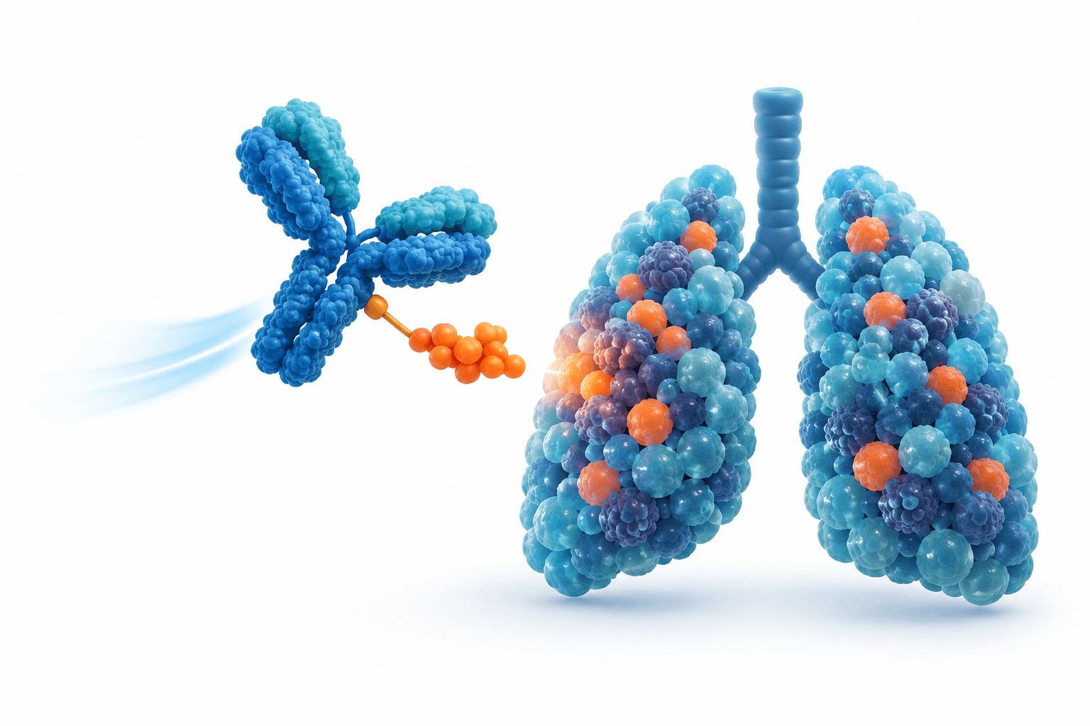Concept illustration of the Sac-TMT combination using a targeted antibody payload beside an abstract lung-shaped cell cluster.