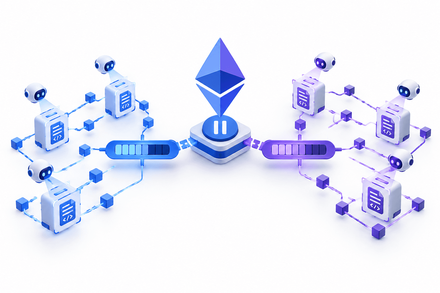 Concept illustration of AI agents inspecting smart contracts ahead of Ethereum Glamsterdam testing.