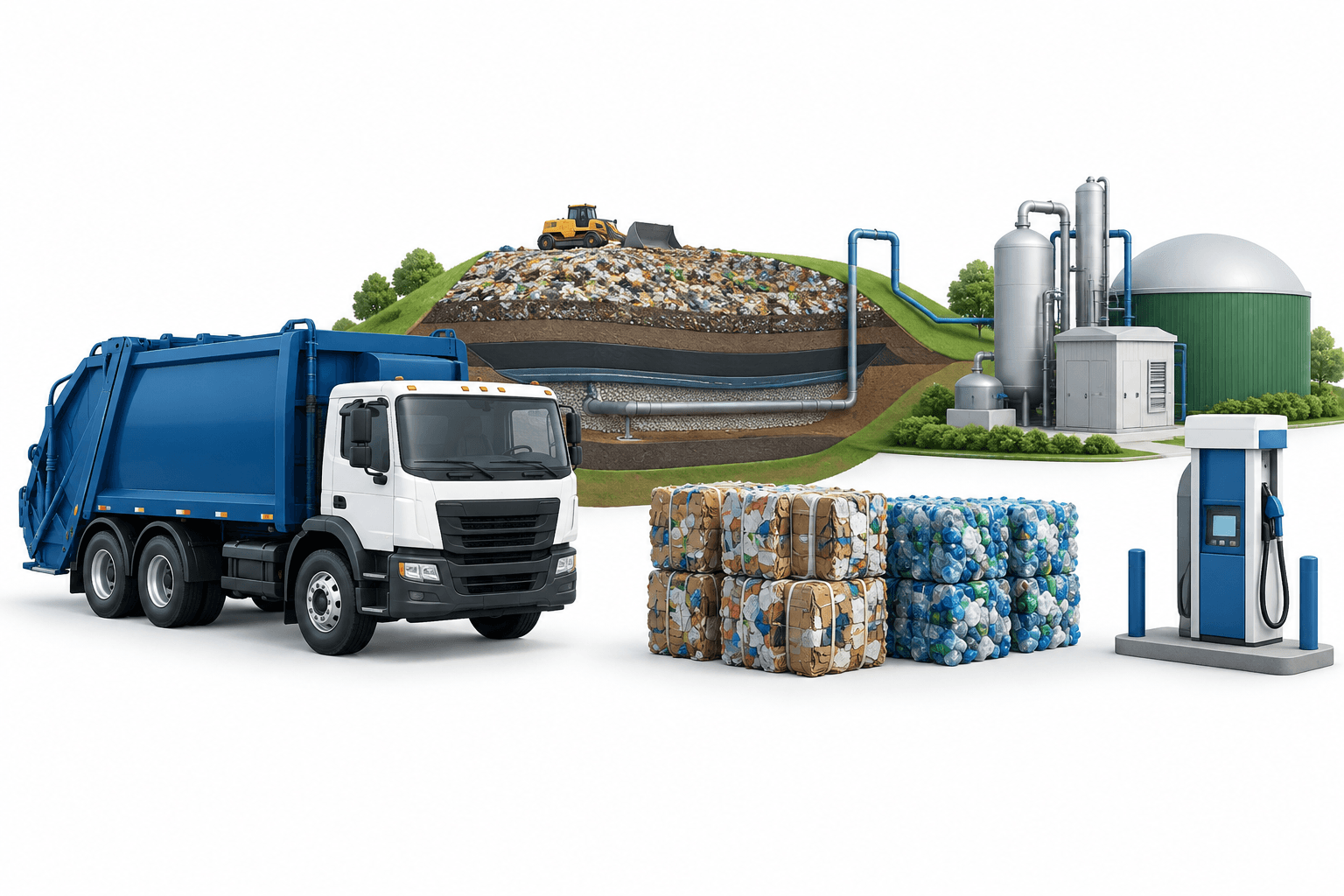 Waste Connections earnings illustration featuring waste collection, recycling and landfill gas operations.