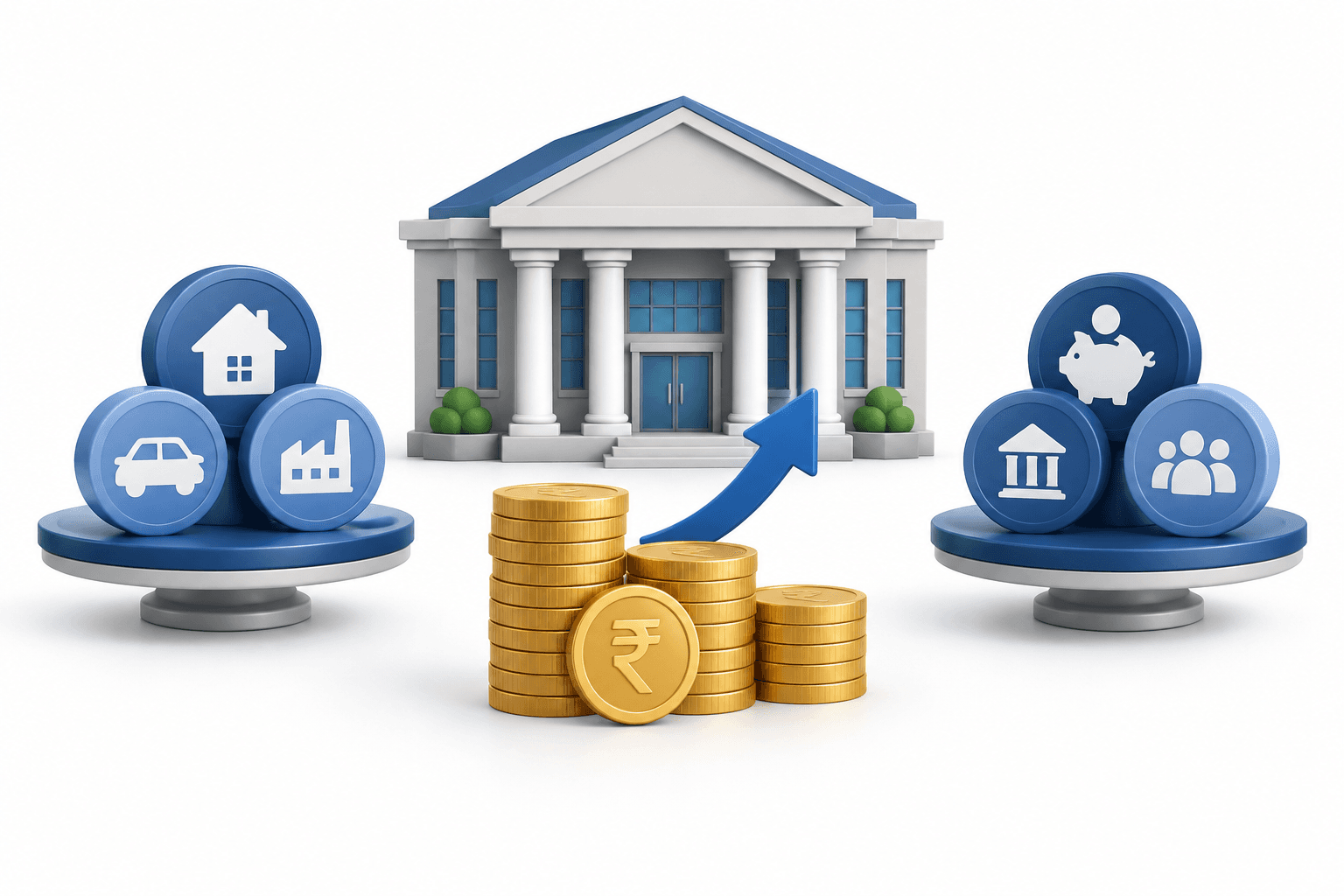 Concept illustration of a bank and rupee coins representing the earnings backdrop for Kotak Mahindra shares.