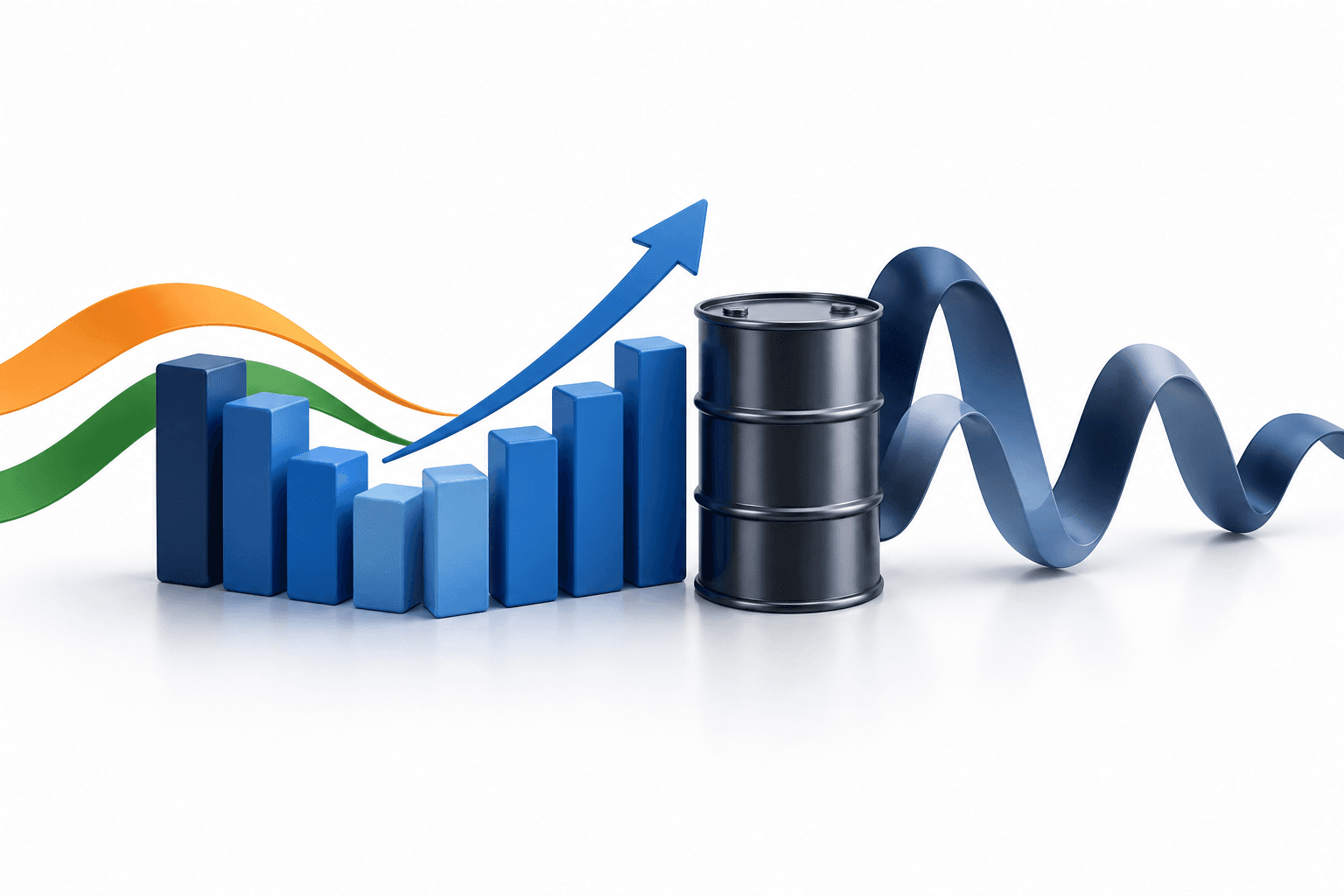 Illustration of Indian stocks recovering beside an oil barrel and a ribbon representing market uncertainty.