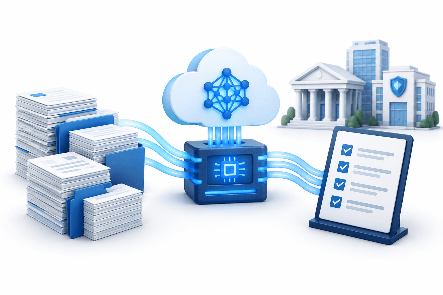 Concept illustration of the fileAI AWS collaboration connecting financial documents, cloud AI processing and audit checks.