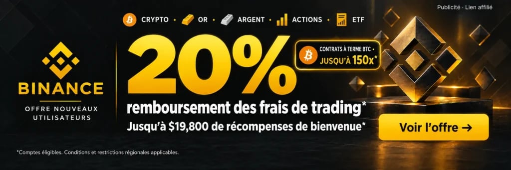 Binance. CRYPTO · OR · ARGENT · ACTIONS · ETF. 20% remboursement des frais de trading*. Jusqu’à $19,800 de récompenses de bienvenue*. CONTRATS À TERME BTC · JUSQU’À 150x*. *Comptes éligibles. Conditions et restrictions régionales applicables.