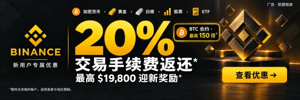 Binance. 加密货币 · 黄金 · 白银 · 股票 · ETF. 20% 交易手续费返还*. 最高 $19,800 迎新奖励*. BTC 合约 · 最高 150 倍*. *限符合资格的账户。适用条款与地区限制。