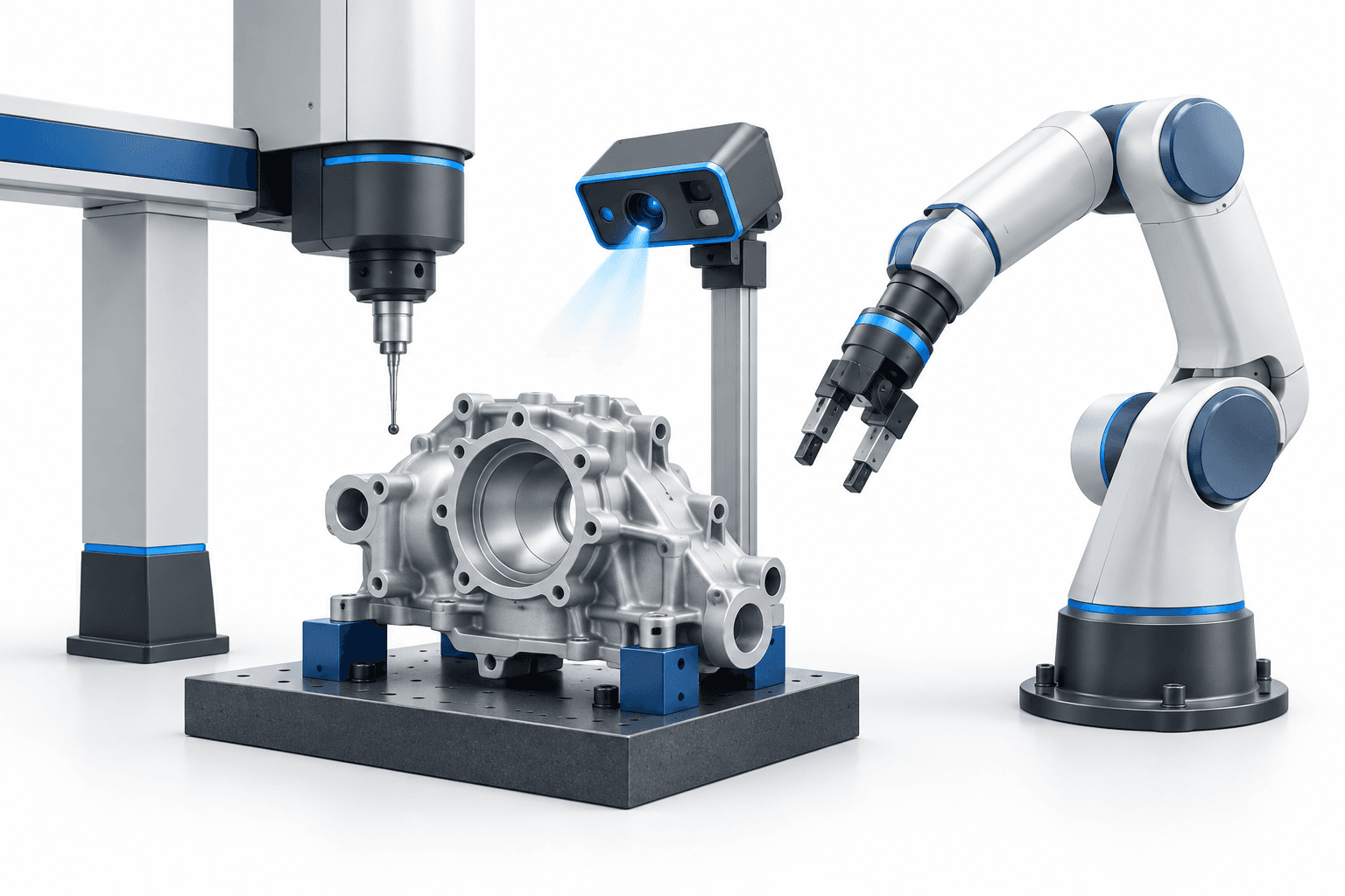Hexagon earnings illustration showing precision sensors, an industrial humanoid robot and a manufactured component.