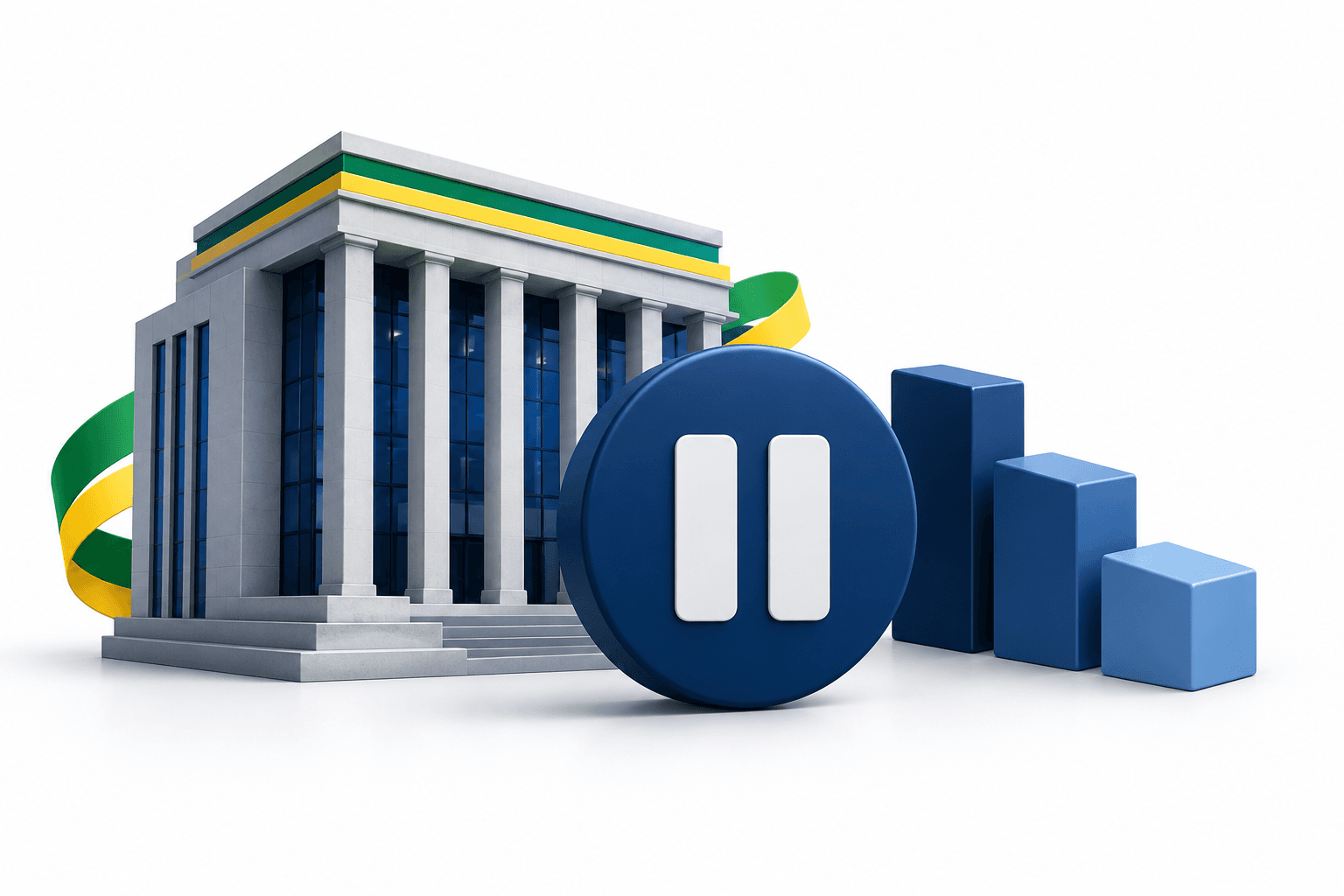 Concept illustration of Brazil stock market trading pauses with an exchange building and a pause symbol.