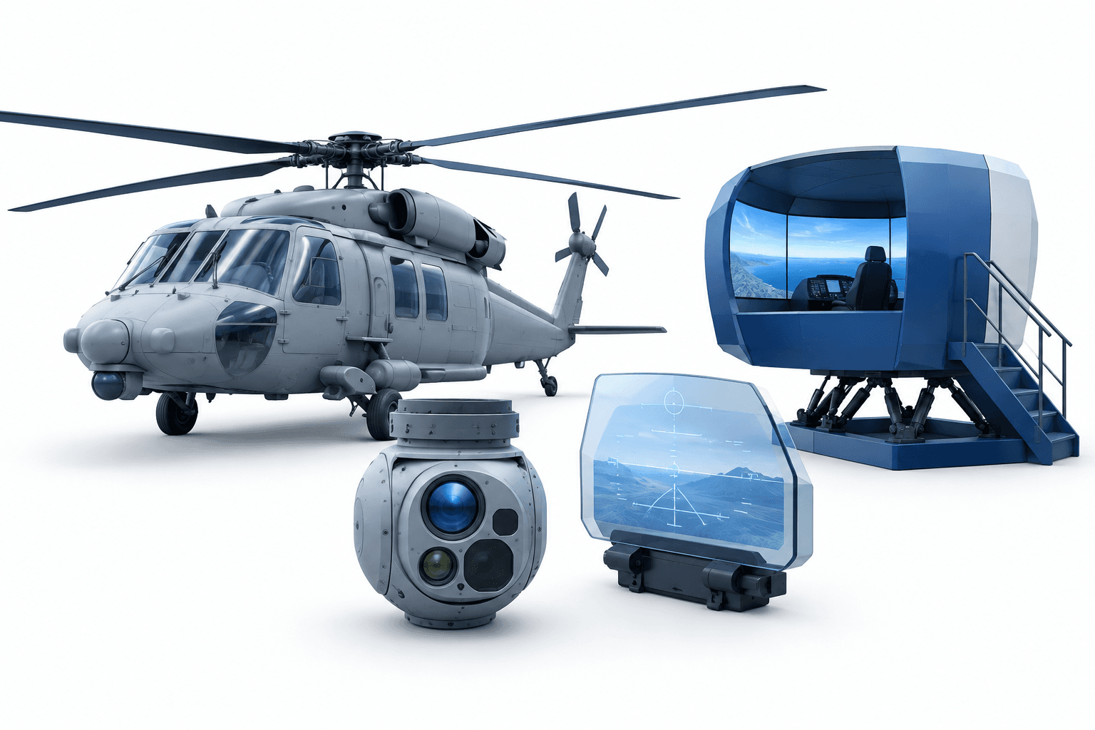 Concept illustration of helicopter sensors and flight-training equipment covered by Elbit Systems contracts.
