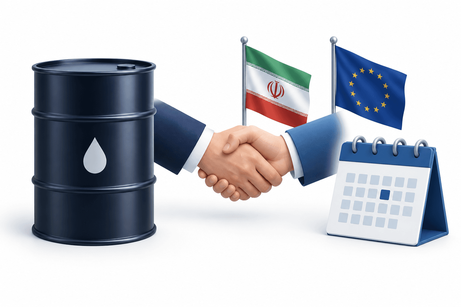 Brent crude concept illustration showing an oil barrel, diplomatic handshake and policy calendar.