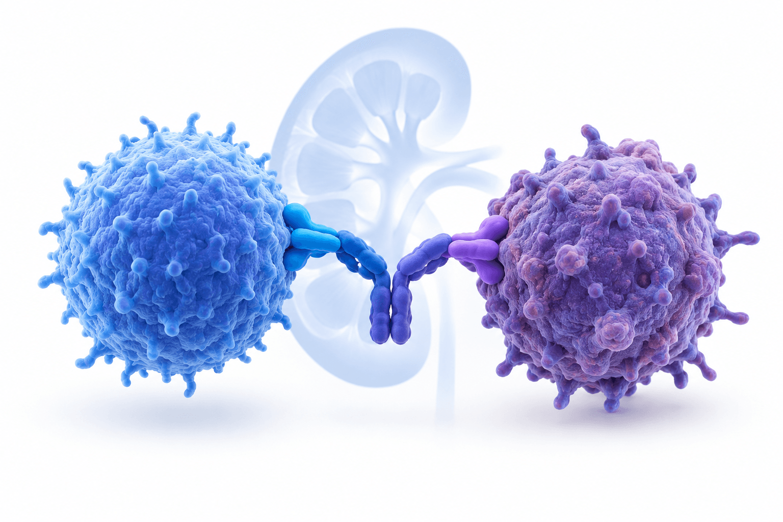 Concept illustration of an antibody connecting immune and tumor cells, accompanying news of the Xencor shares rally.