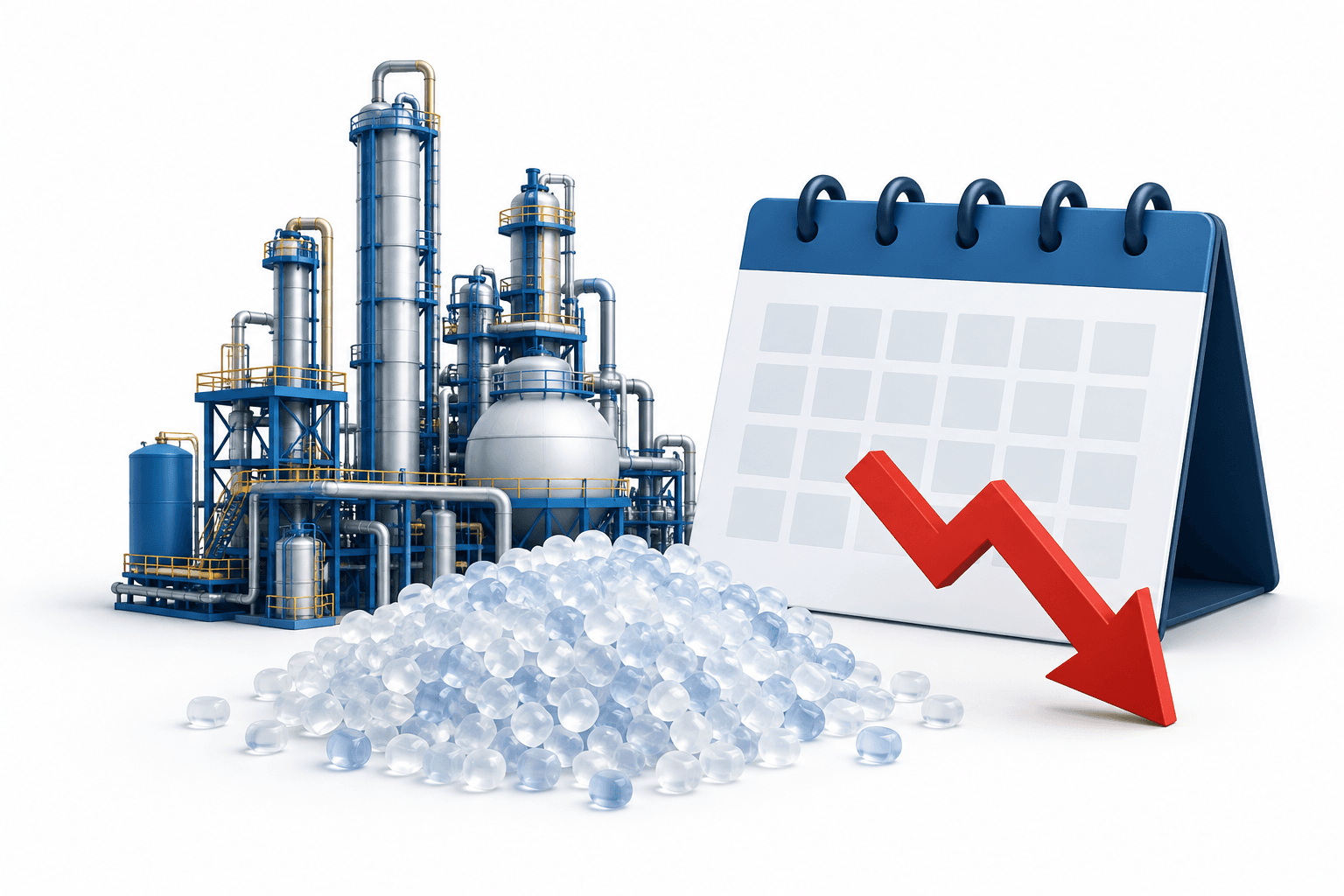 Concept illustration of a petrochemical plant, polymer pellets and a blank calendar accompanying news about Braskem shares.
