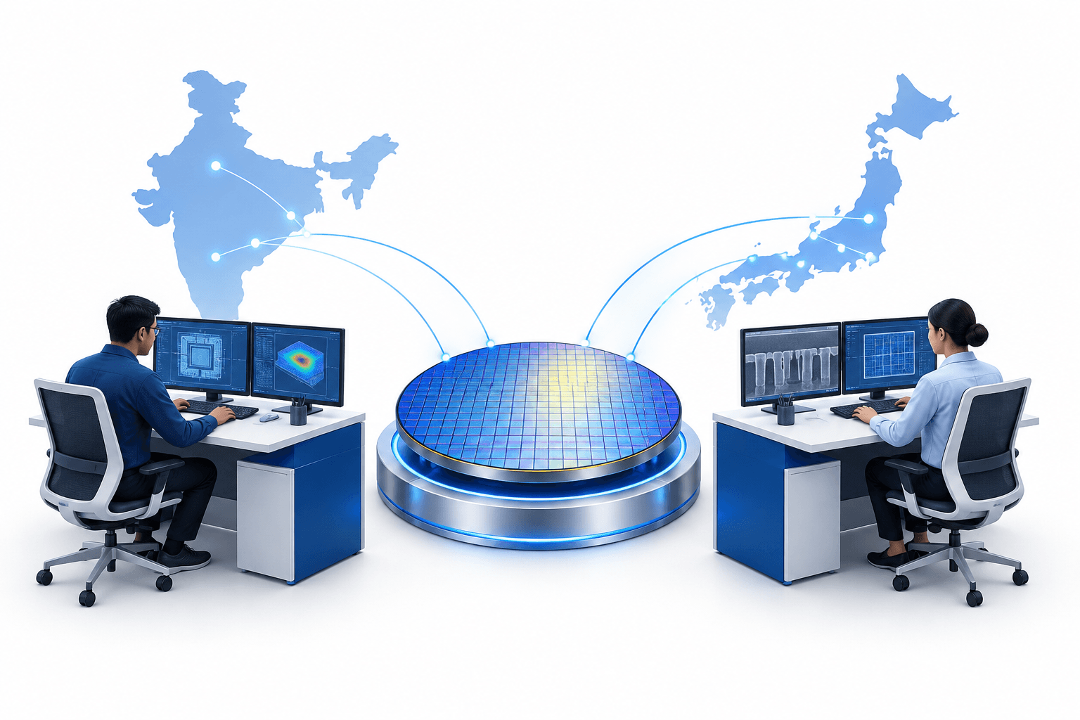 Concept illustration of the HCLTech Rapidus partnership connecting Indian engineering centers with semiconductor development in Japan.