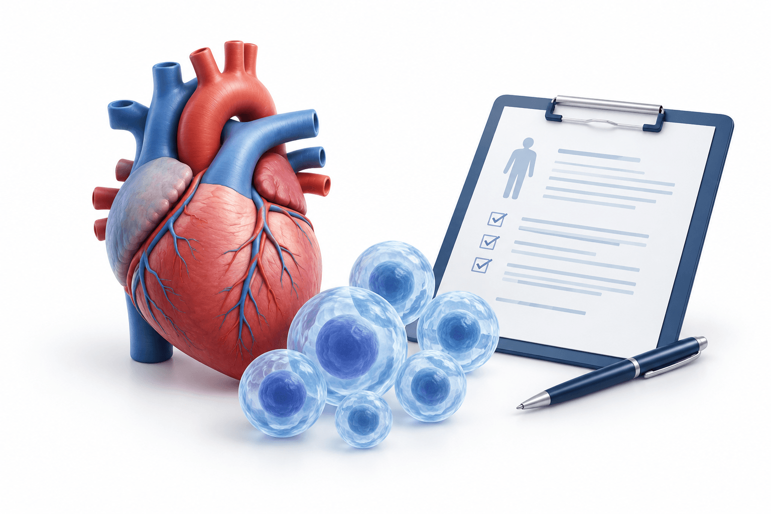 Concept illustration of a heart and therapeutic cells representing the ELPIS II results.