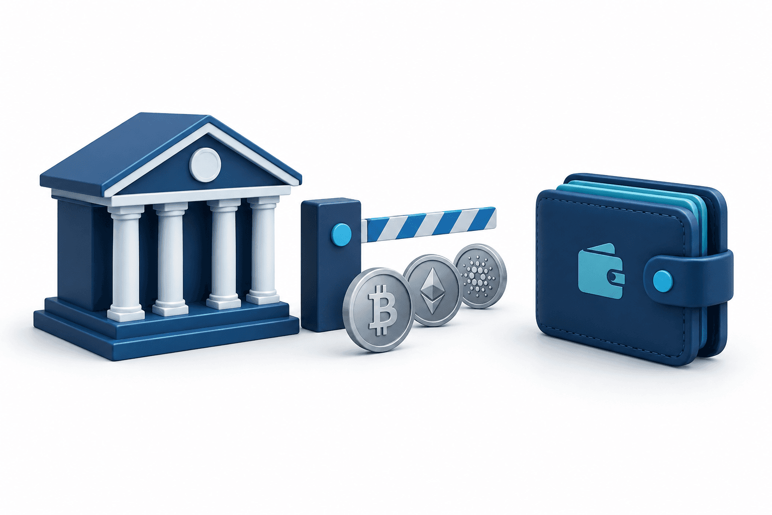 Concept illustration of UK crypto transfers encountering a payment gate between a bank and a digital wallet.
