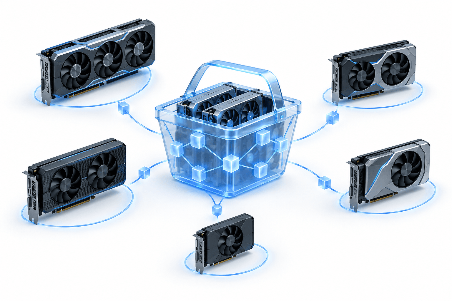 Concept illustration of Injective compute futures linking five GPU modules to an onchain index basket.