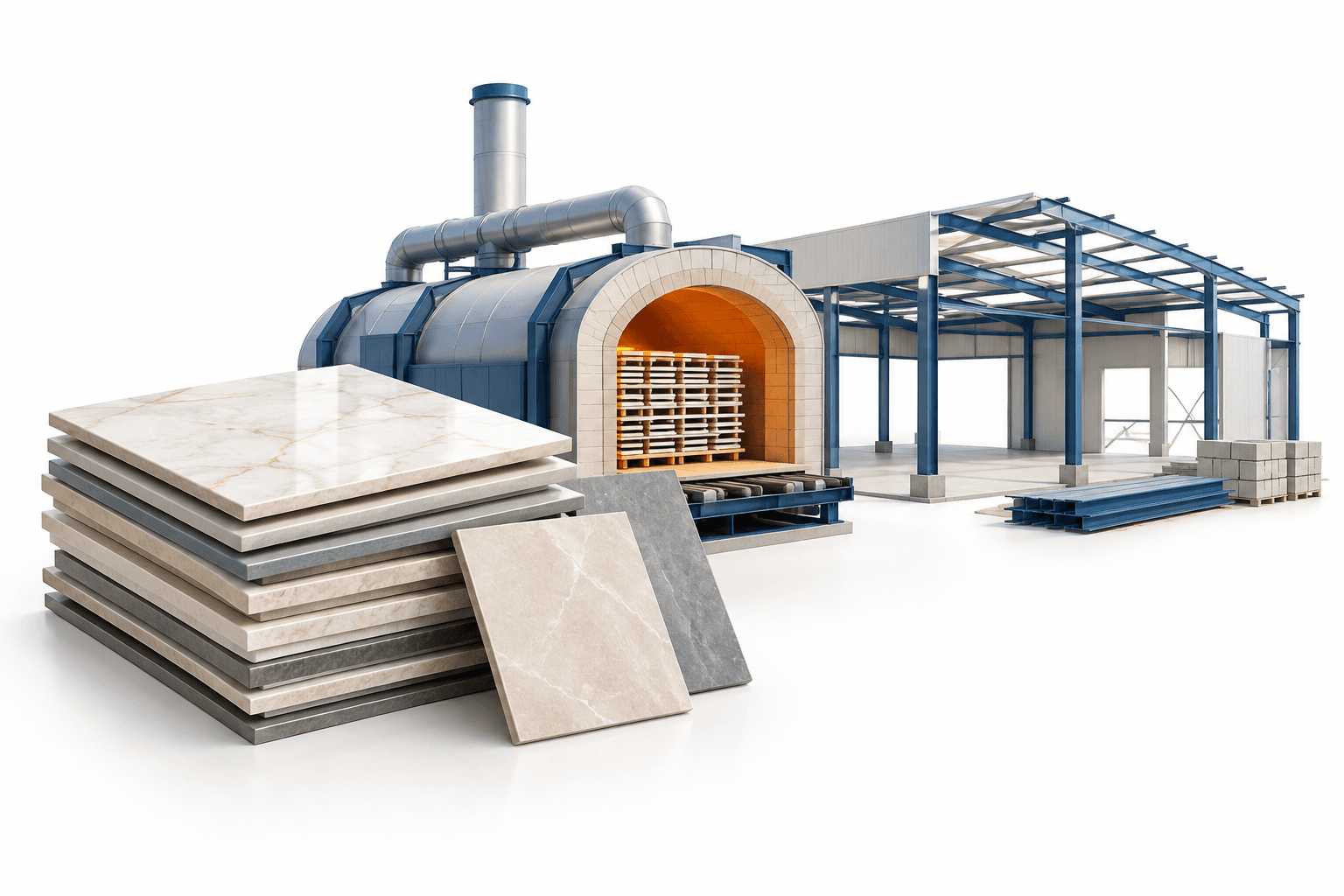 Kajaria earnings concept illustration showing ceramic tiles, a kiln and a factory expansion.