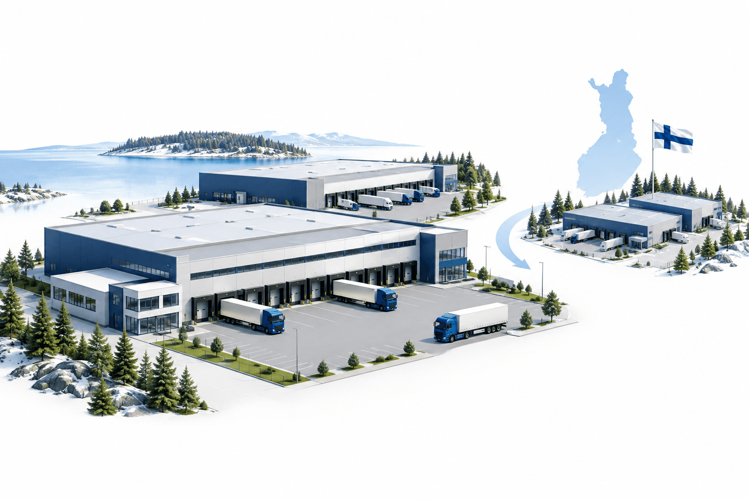 Concept illustration of logistics warehouses and Finnish expansion accompanying Catena earnings.