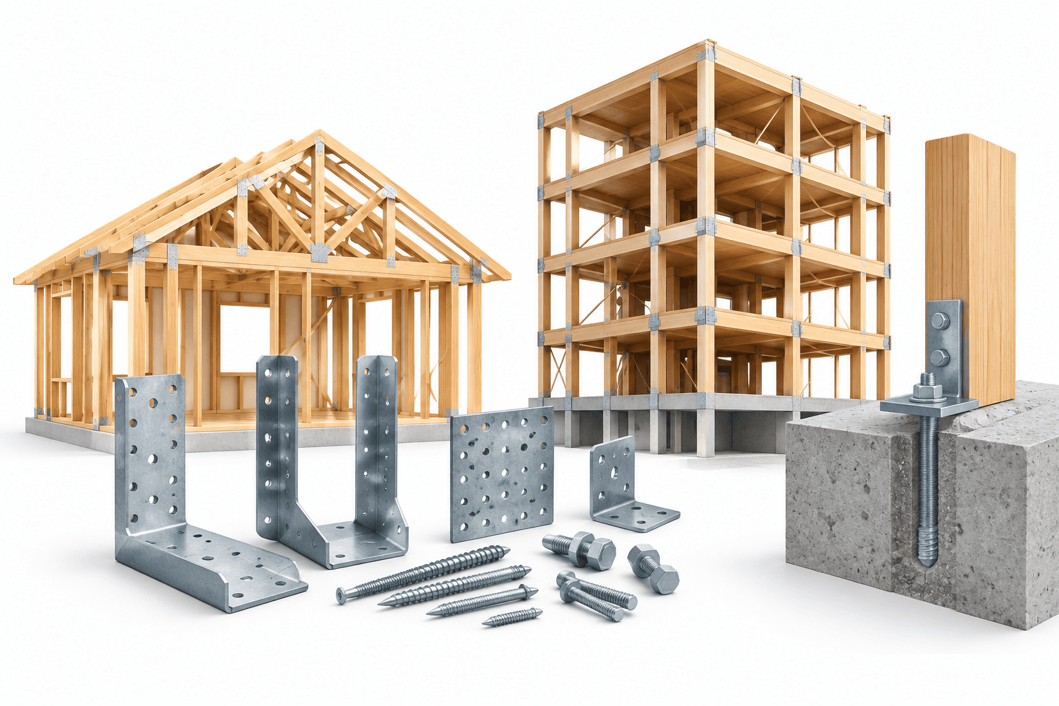 Illustration of structural connectors and building frames representing Simpson sales across construction markets.